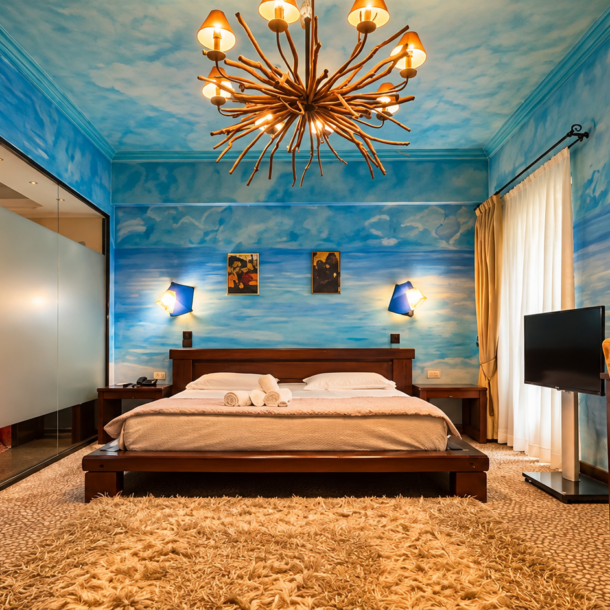 Standard Double Room with blue sky painted walls, rustic wooden bed, and branch chandelier at Anastazia Luxury Suites & Spa