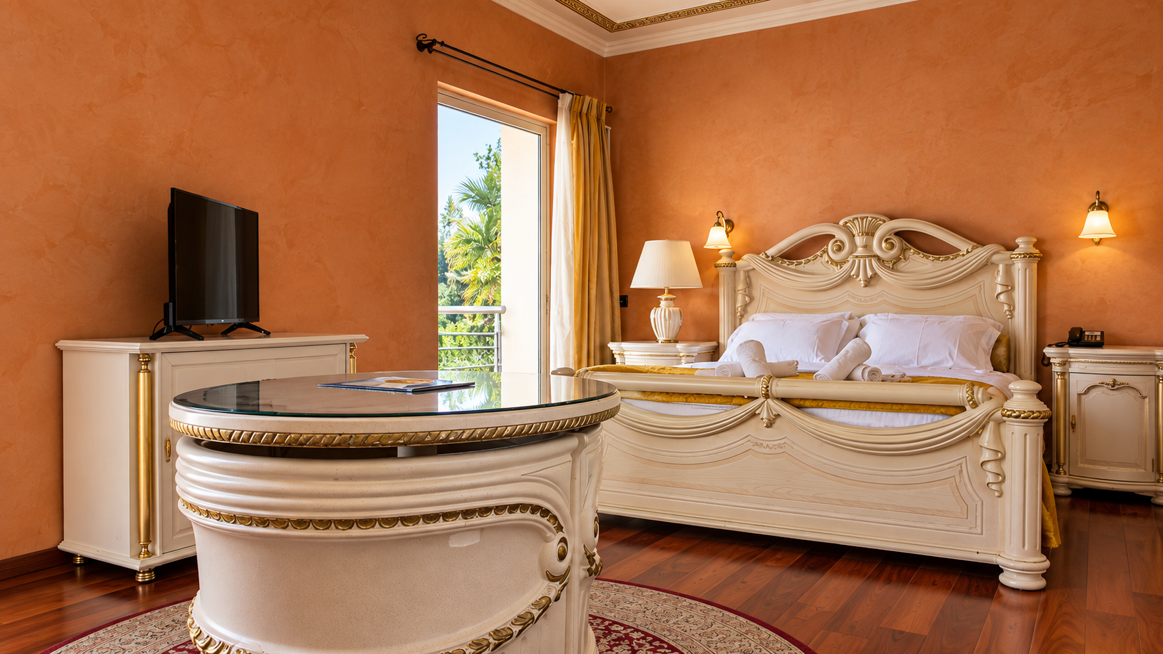Luxurious suite interior with custom baroque furniture, terracotta walls, and a balcony at Anastazia Luxury Suites & Spa