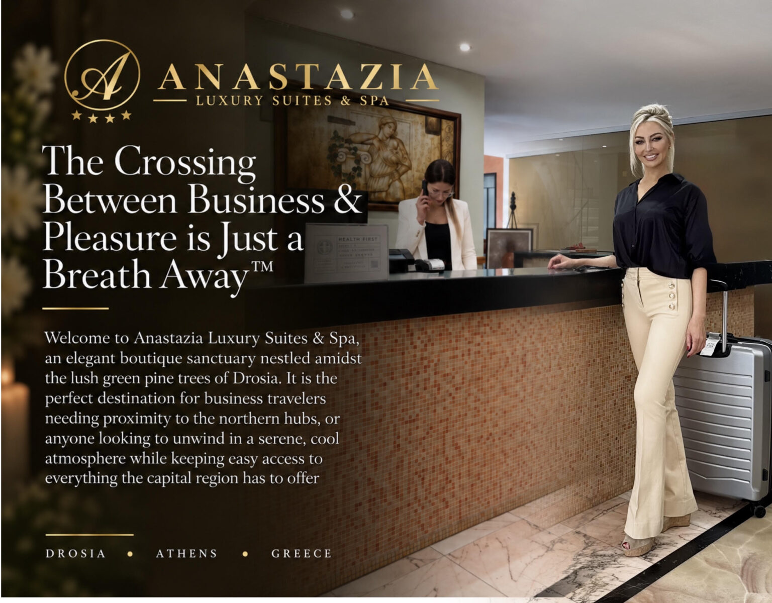 Anastazia Luxury Suites hotel reception front desk featuring a female guest checking in with luggage under warm luxury lighting in Drosia