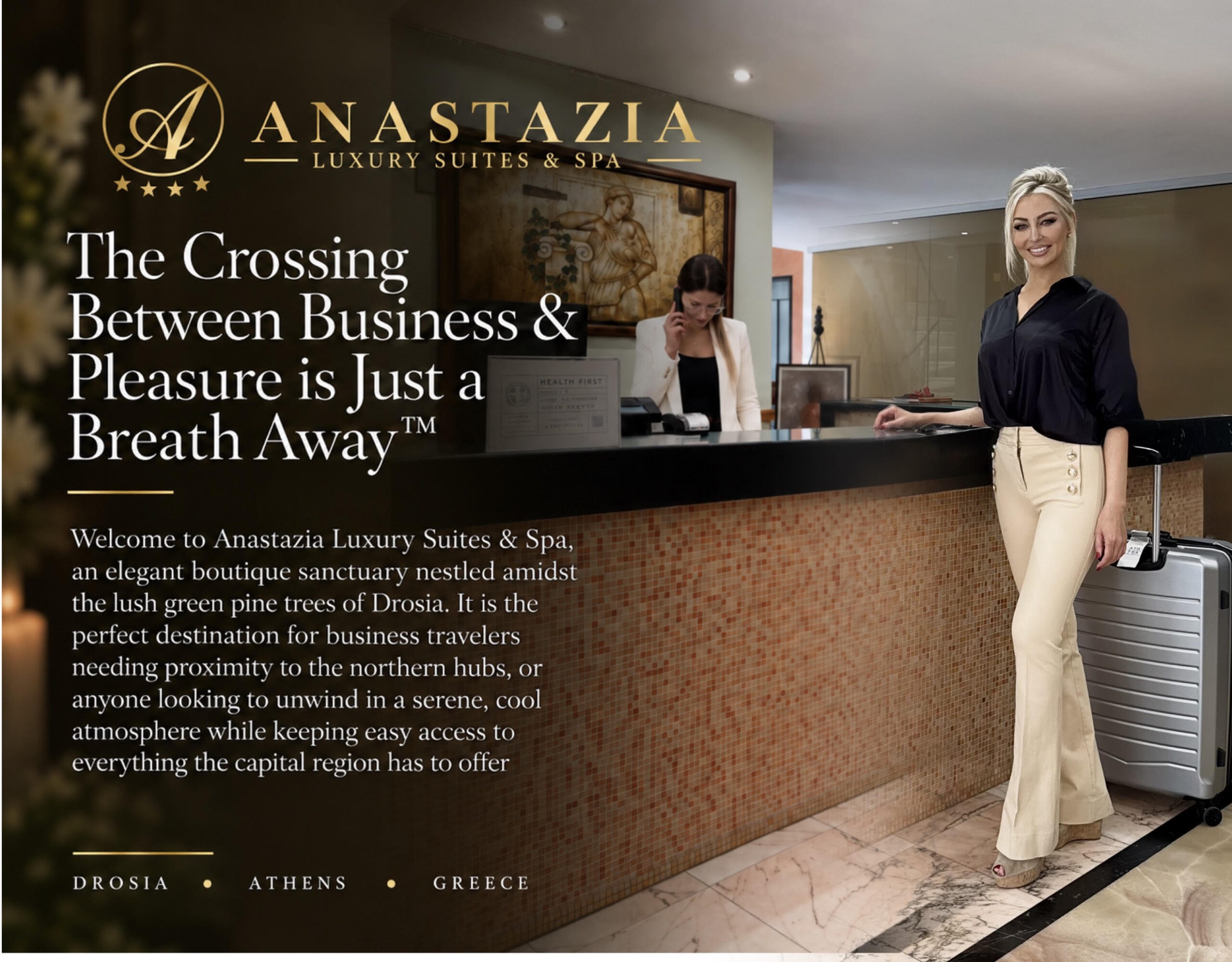 Anastazia Luxury Suites hotel reception front desk featuring a female guest checking in with luggage under warm luxury lighting in Drosia