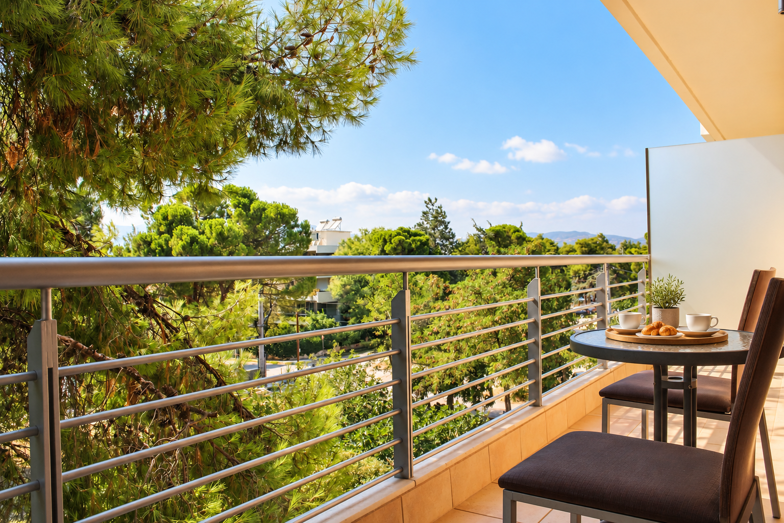 Anastazia Luxury Suites boutique hotel balcony featuring outdoor seating with scenic pine forest views in Drosia