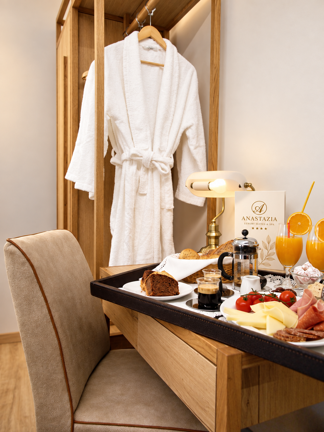 Anastazia Luxury Suites hotel room service continental breakfast tray with fresh orange juice, French press coffee, espresso, charcuterie platter, pastries, and a plush white bathrobe hanging in a wooden closet